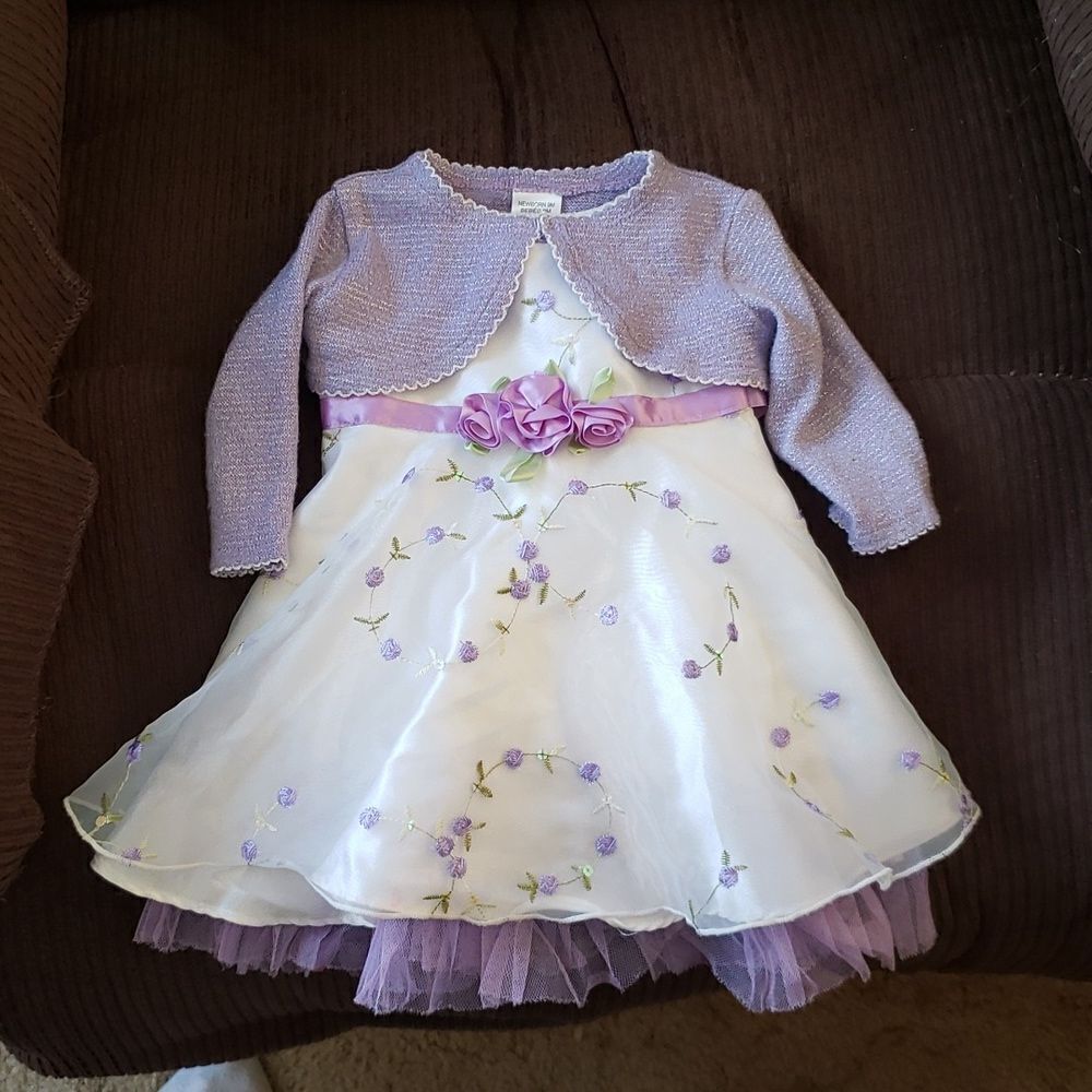 Beautiful Youngland Purple White Floral Embroidered 3 Tiered Baby Dress Sz 9 Mos